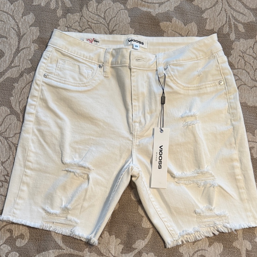 Vigoss White Ripped Denim Bermuda Shorts